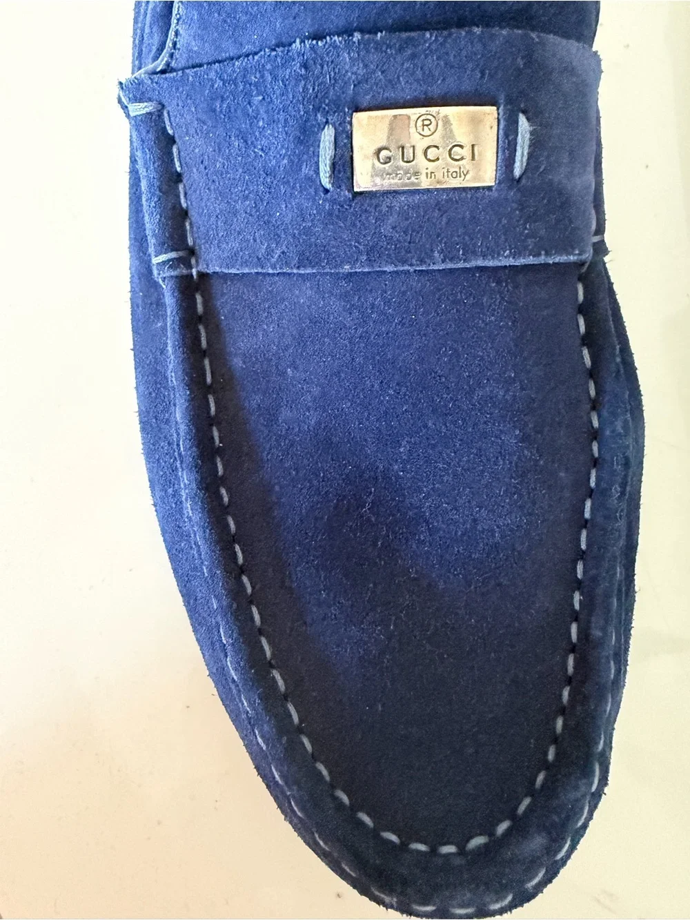 Gucci Men’s Navy Suede Loafers with Silver Logo Plaque